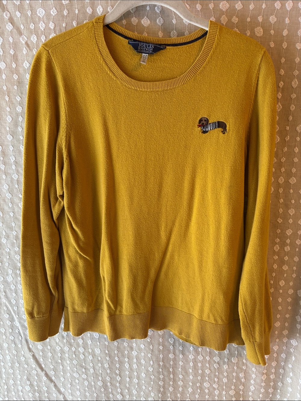 Joules Mustard Crewneck Sweater with Embroidered Dachshund Patch